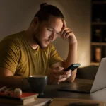 Hombre joven en casa usando el móvil con gesto pensativo frente al ordenador. Representa el impacto de la tecnología en la salud mental.