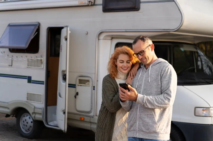 Pareja utilizando aplicaciones Android para su Autocaravana